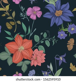 Seamless vintage pattern. Botanical  flowers on a black background.