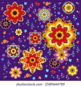 Seamless vintage pattern with bright mandalas and small flowers, leaves and butterflies on dark blue background in vector.