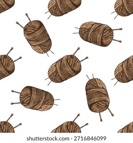 Patrón vintage sin costuras de bolas de hilo marrón y agujas de tejer. Ideal para el diseño textil, papel de regalo, manualidades, estampados de tela, temas de invierno y proyectos de inspiración artesanal.