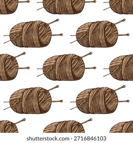 Patrón vintage sin costuras de bolas de hilo marrón y agujas de tejer. Ideal para el diseño textil, papel de regalo, manualidades, estampados de tela, temas de invierno y proyectos de inspiración artesanal.