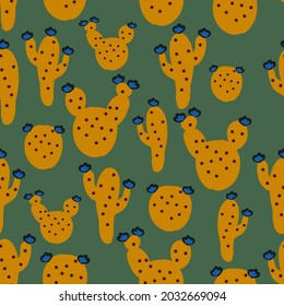 Seamless vintage pattern of cacti. funny mustard cacti on a green background. vector texture. trend print for textiles and wallpaper.