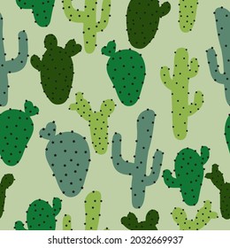 Seamless Vintage Pattern Of Cacti. Funny Cacti On A Light Green Background. Vector Texture. Trend Print For Textiles And Wallpaper.