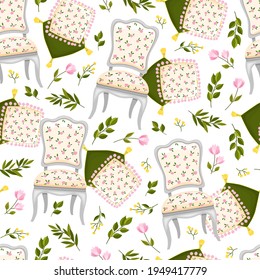 Decoración vintage sin inconvenientes con sillas de época, almohadas y flores. Adecuado para textiles, impresión de tela, impresión de embalaje, banner de boda, invitaciones de boda. 