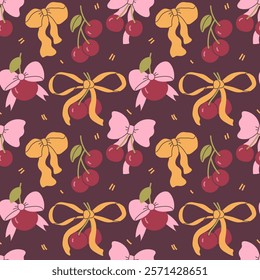 Seamless vintage pattern of cherries and hand drawn bows. Vector illustration