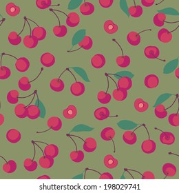 Seamless vintage pattern with cherry on green background.