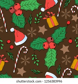 Seamless vintage pattern, Christmas decorations, holly, stars, snowflakes, hand drawn elements, vector illustration