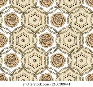 Patrón vintage sin foco con círculos, cadenas de oro, hexágonos, rosas beige. Fondo clásico. Ilustración del vector