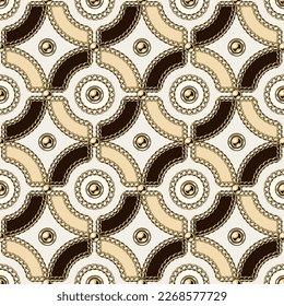 Seamless vintage pattern with circular geometric shapes, gold chains, beads, buttons. Geometric classic grid. Vector illustration in vintage style