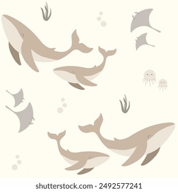 Seamless vintage pattern with classic whales and fish. Creative scandinavian kids texture for fabric, wrapping, textile, wallpaper, apparel. Vector illustration background in cream, brown, and grey.