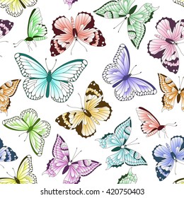 Seamless vintage pattern with colorful butterflies. Hand drawn vector illustration. Perfect for greetings, invitations, manufacture wrapping paper, textile, wedding and web design.