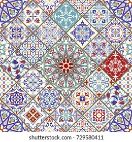 Seamless vintage pattern with colorful patchwork in turkish style. Endless pattern can be used for ceramic tile, wallpaper, linoleum, textile, web page background. Vector illustration.
