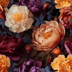 Seamless Vintage Pattern With Colorful Peonies. Vector Background In Oil Painting Dutch Still Life Masterpieces Style.