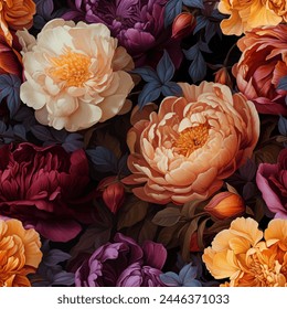 Seamless vintage pattern with colorful peonies. Vector background in oil painting Dutch still life masterpieces style.