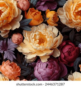 Seamless vintage pattern with colorful peonies. Vector background in oil painting Dutch still life masterpieces style.