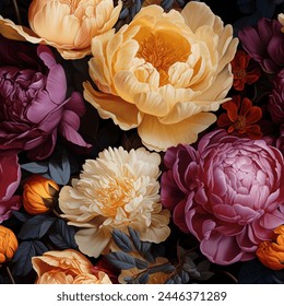 Seamless vintage pattern with colorful peonies. Vector background in oil painting Dutch still life masterpieces style.