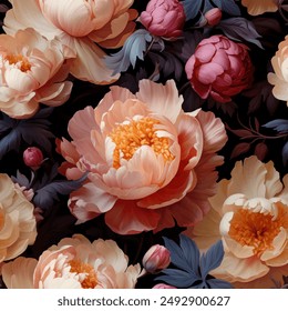 Seamless vintage pattern with colorful peonies. Vector background in oil painting Dutch still life masterpieces style.