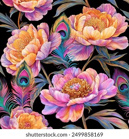 Seamless vintage pattern with colorful peonies and peacock feathers isolated on a changeable background. Vector illustration in Art Deco style.