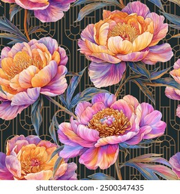 Seamless vintage pattern with colorful peonies isolated on a changeable background. Vector illustration in Art Deco style.