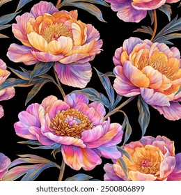 Seamless vintage pattern with colorful peonies isolated on a changeable background. Vector illustration in Art Deco style.