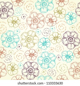 Seamless vintage pattern with colorful stylized fantasy dot flowers and spirals on light retro background