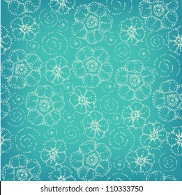 Seamless vintage pattern with colorful stylized fantasy dot flowers and spirals on turquoise background