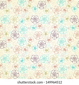 Seamless vintage pattern with colorful stylized fantasy dot flowers and spirals on retro background. Endless floral texture. Template for design fabric, covers, wrapping paper, package, greeting cards