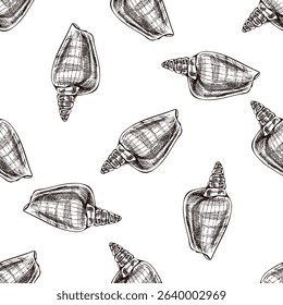 Seamless vintage pattern of cone-shaped seashell in brown ink engraving style. Elegant marine illustration for beach packaging, textile and surface design.