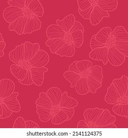 Seamless vintage pattern. Contour pink flowers. burgundy background. vector texture. fashionable print for textiles, wallpaper and packaging.