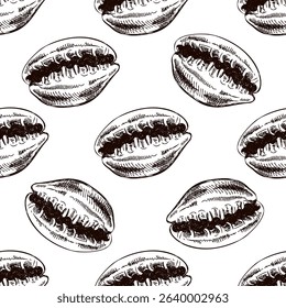 Seamless vintage pattern of cowrie seashell in brown ink engraving style. Ideal for tropical packaging, nautical textile, wrapping and beach surface design.