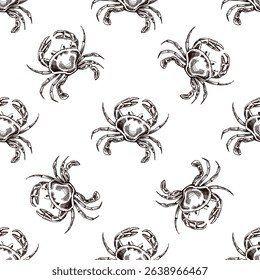 Seamless vintage pattern of crab in brown ink engraving style. Classic seafood sketch for culinary packaging, nautical textile and kitchen surface design.