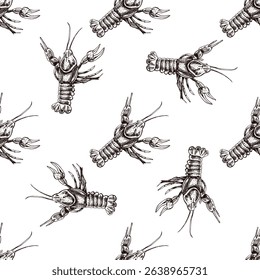 Seamless vintage pattern of crayfish in brown ink engraving style. Classic seafood illustration for culinary packaging, menus, textiles and kitchen decor.