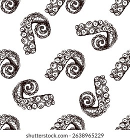 Seamless vintage pattern of curled octopus tentacles in brown ink engraving style. Bold marine illustration for nautical packaging, textiles and design.