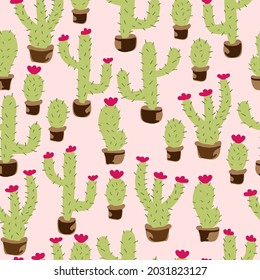 Seamless vintage pattern. cute cacti in a pot on a light pink background. vector texture. trend print for textiles and wallpaper.