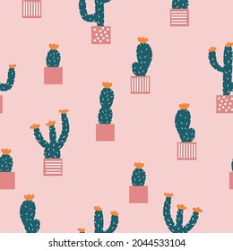 Seamless vintage pattern. cute cacti in pots on a light pink background. vector texture. trend print for textiles and wallpaper.