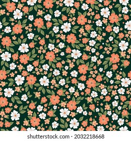 Seamless vintage pattern. cute white and orange flowers, green leaves on a dark green background. vector texture. elegant print for textiles and wallpaper.