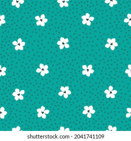 Seamless vintage pattern. Cute white flowers and blue dots on a turquoise background. a vector image. trend print for textiles and wallpaper.