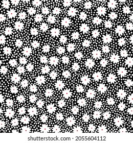 Seamless vintage pattern. cute white flowers and dots on a black background. vector texture. trend print for textiles, wallpaper and packaging.