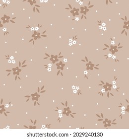 Seamless vintage pattern. dark beige and small white flowers, white dots. beige background. vector texture. An elegant template for fashionable prints.