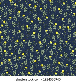 seamless vintage pattern. dark blue background. small yellow flowers and berries. trend print for textiles and wallpaper.