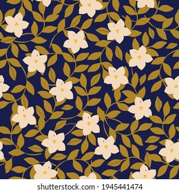Seamless vintage pattern. dark blue background. white flowers,golden leaves. vector texture. trend print for textiles and wallpaper.