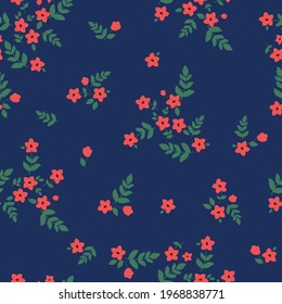 Seamless vintage pattern . dark blue background. bright red flowers, green leaves. vector texture. fashionable print for textiles and wallpaper.