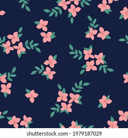 Seamless vintage pattern. dark blue background . pink flowers . green leaves. vector texture. fashionable print for textiles and wallpaper.