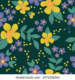 Seamless vintage pattern. Dark green background. Large yellow flowers. small lilac flowers. vector texture. beautiful print for textiles and wallpaper.