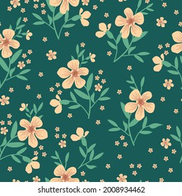 Patrón vintage sin foco. fondo verde oscuro. flores beige. hojas verdes brillantes. textura vectorial. impresión de tendencia para textiles y papel pintado.