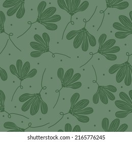 seamless vintage pattern. dark green flowers and dots. green background. vector texture. fashionable print for textiles and wallpaper.