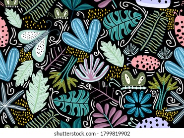 Seamless vintage pattern with decorative flowers. Amazing floral pattern with bright colorful flowers, plants, branches and leaf on a black background. Fashion style. Vector illustration