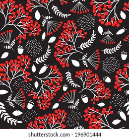 Seamless vintage pattern with decorative flowers and rowanberry. Vector illustration.