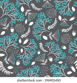 Seamless vintage pattern with decorative flowers and rowanberry. Vector illustration.