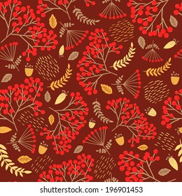 Seamless vintage pattern with decorative flowers and rowanberry. Vector illustration.