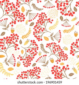 Seamless vintage pattern with decorative flowers and rowanberry. Vector illustration.